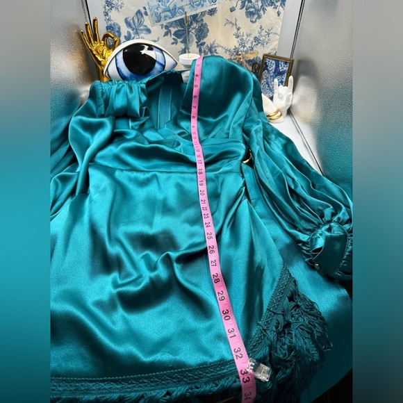 🆕 BRONX & BANCO 🧿 NWOT Monica Long Sleeve Satin Wrap Dress, Fringed Hem - Picture 14 of 16
